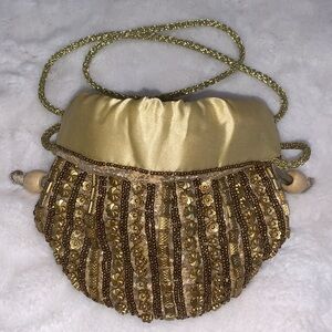 Vintage Evening Bag Golden Beaded Drawstring Bucket Satchel